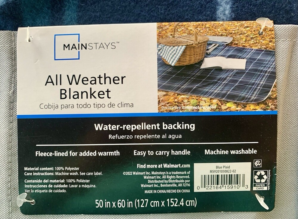 Mainstays All Weather Blanket 50x60 Blue Plaid Polyester Water-Repellent